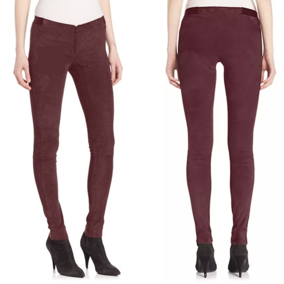 ALICE + OLIVIA Zip Front Lamb Skin Suede Leggings In Burgundy 2.